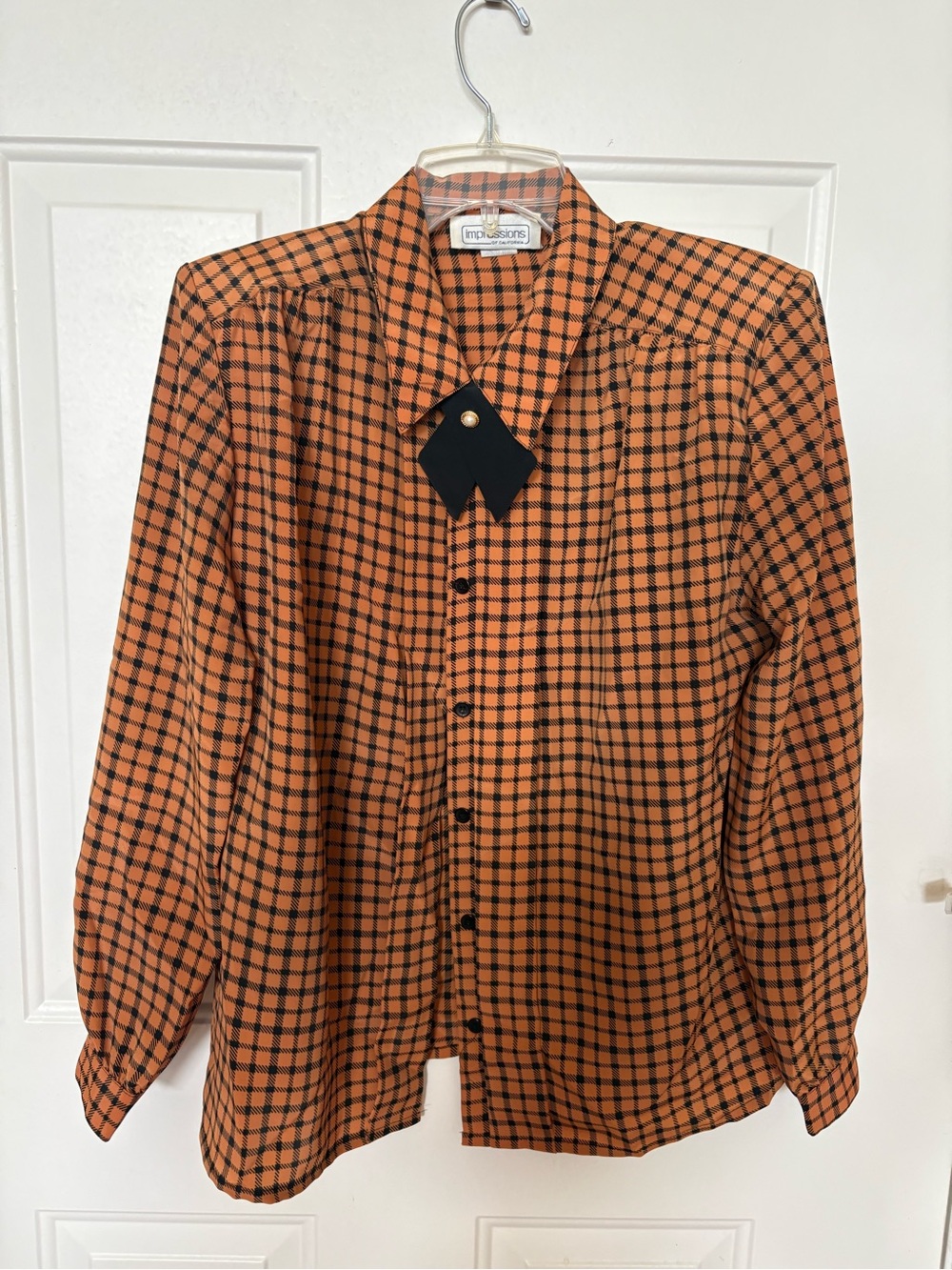 Impressions Orange and Black Checked Button-Up Top
